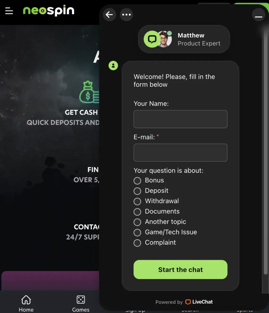 Neospin online live chat