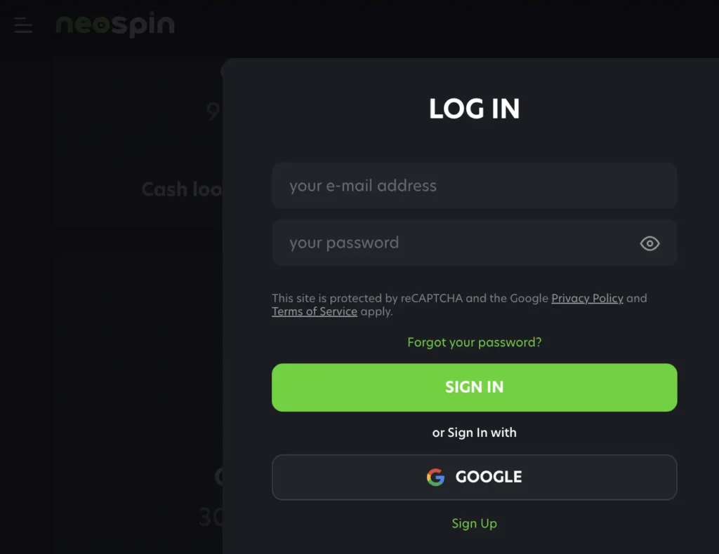 Neospin Casino login via e-mail or google account