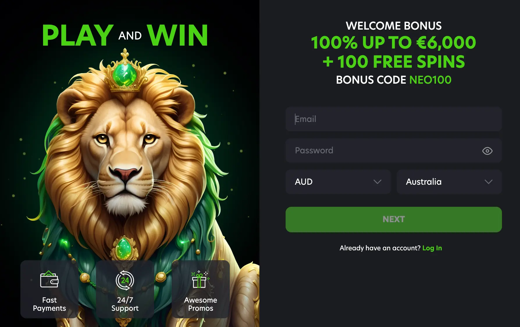 NeoSpin Casino Sign up form
