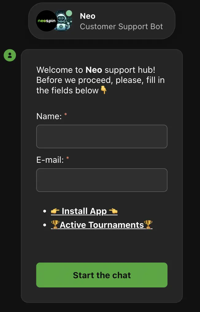 NeoSpin Live Chat with app link