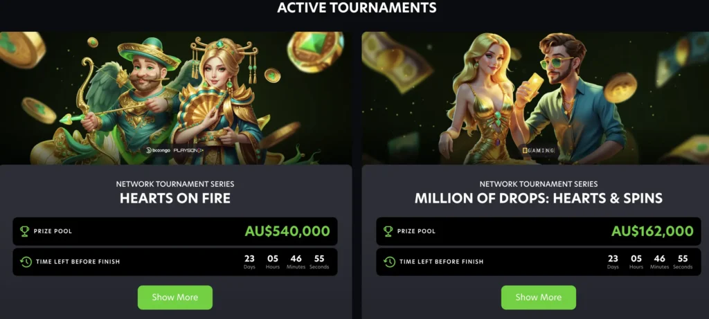 Active Neospins tournaments: Hearts on fire with prize pool 540,000AUD and Milllion of drops with prize pool 162,000AUD